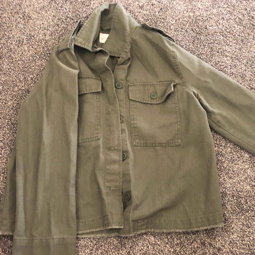 Olive universals thread jacket.  Jean like material